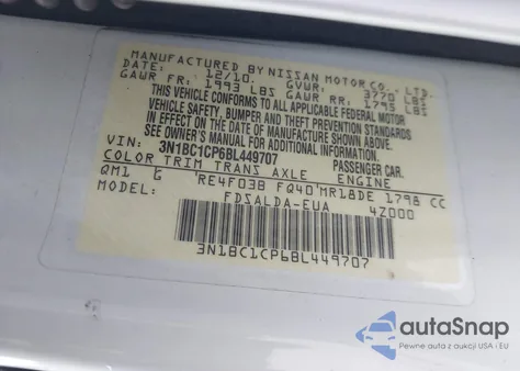 2011 Nissan Versa 1.8S из США, поврежденный, VIN 3N1BC1CP6BL449707